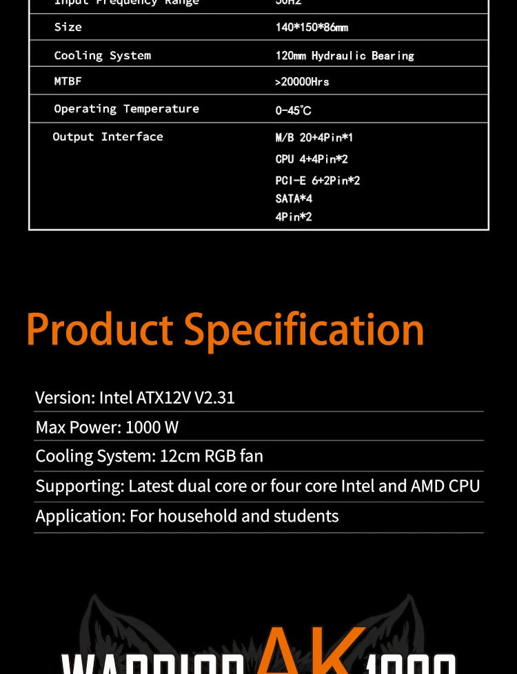 Aigo AK RGB PSU – 500W to 1000W ATX Gaming Power Supply
