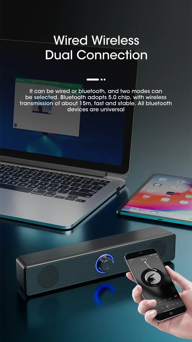 PC Soundbar – Wired & Wireless Bluetooth USB Speaker for TV & Gaming