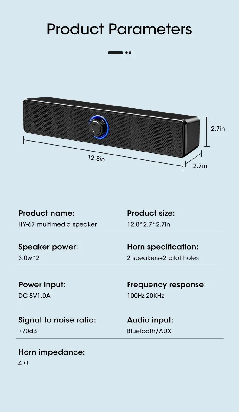 PC Soundbar – Wired & Wireless Bluetooth USB Speaker for TV & Gaming