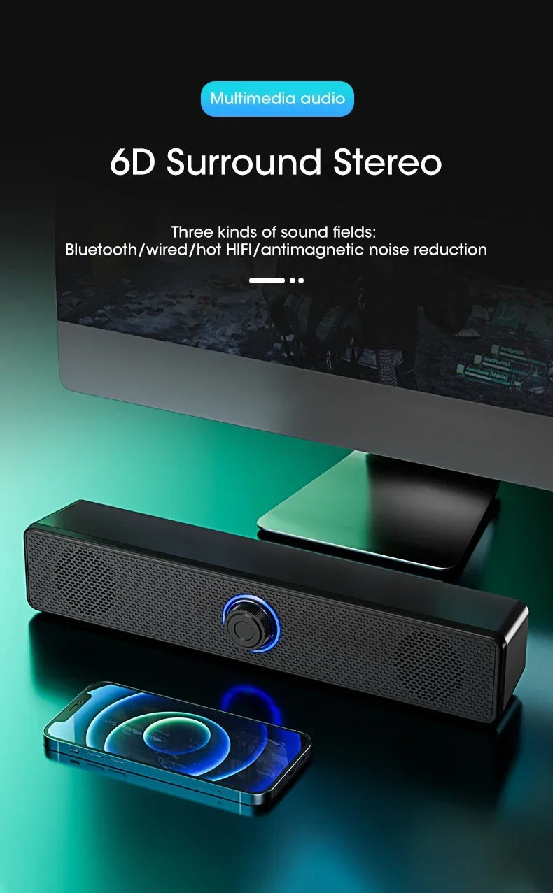 PC Soundbar – Wired & Wireless Bluetooth USB Speaker for TV & Gaming